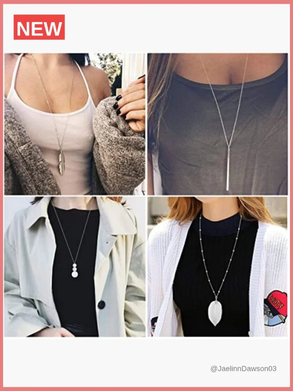4-Piece Long Pendant Necklace Set with Bar Feather Circle Leaf Charms for Women